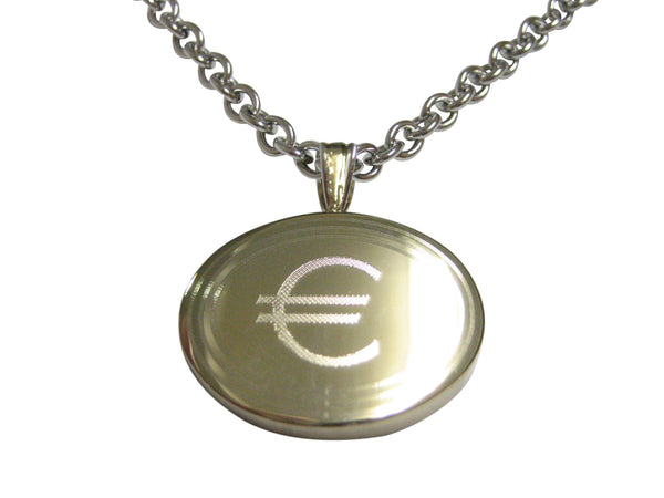 Gold Toned Etched Oval Euro Currency Sign Pendant Necklace