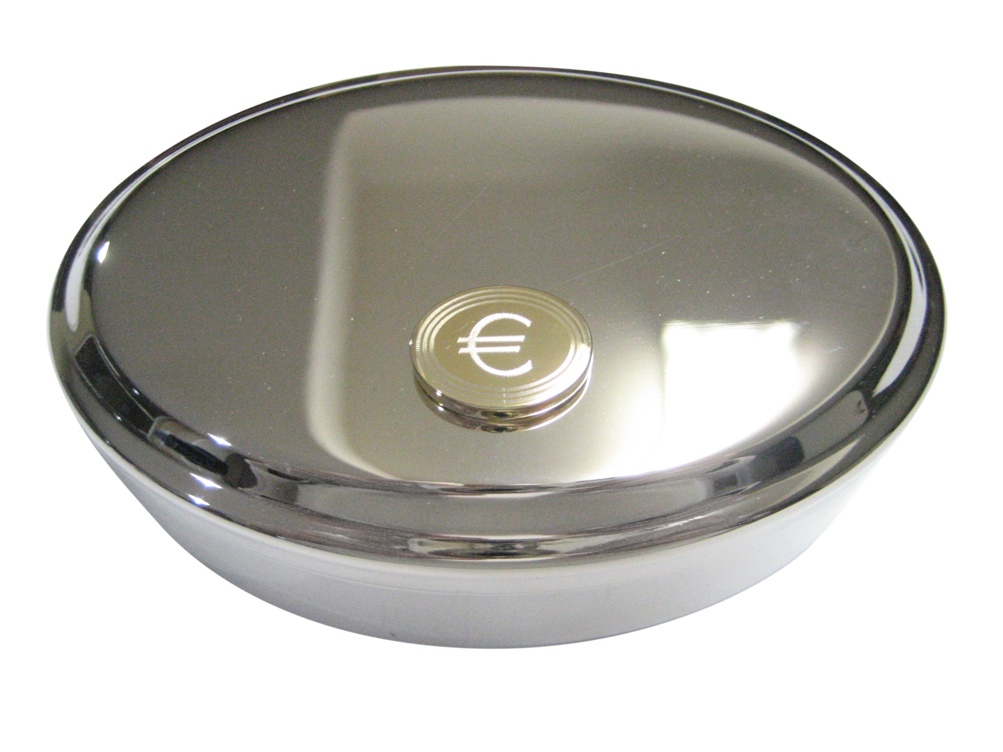 Gold Toned Etched Oval Euro Currency Sign Pendant Oval Trinket Jewelry Box