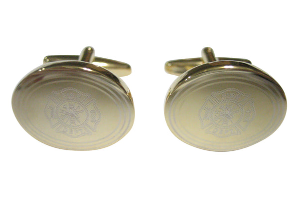 Gold Toned Etched Oval Fire Fighter Emblem Cufflinks