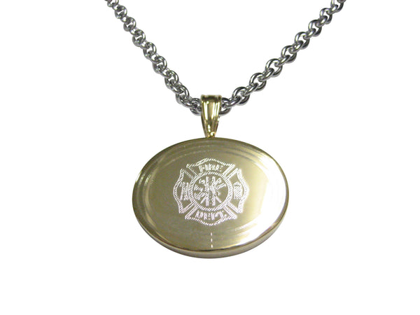 Gold Toned Etched Oval Fire Fighter Emblem Pendant Necklace