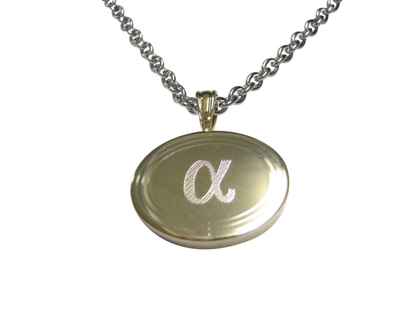Gold Toned Etched Oval Greek Letter Alpha Pendant Necklace