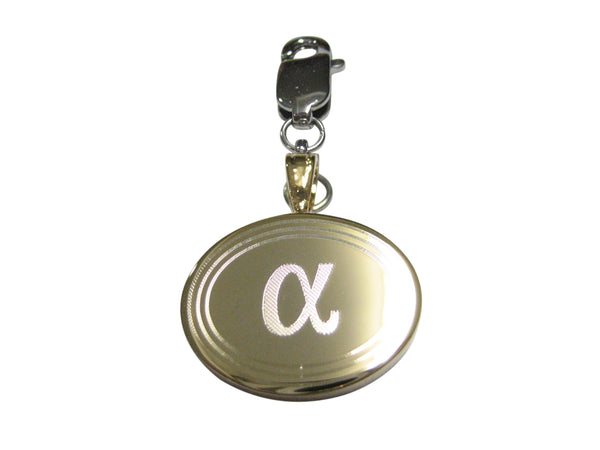 Gold Toned Etched Oval Greek Letter Alpha Pendant Zipper Pull Charm
