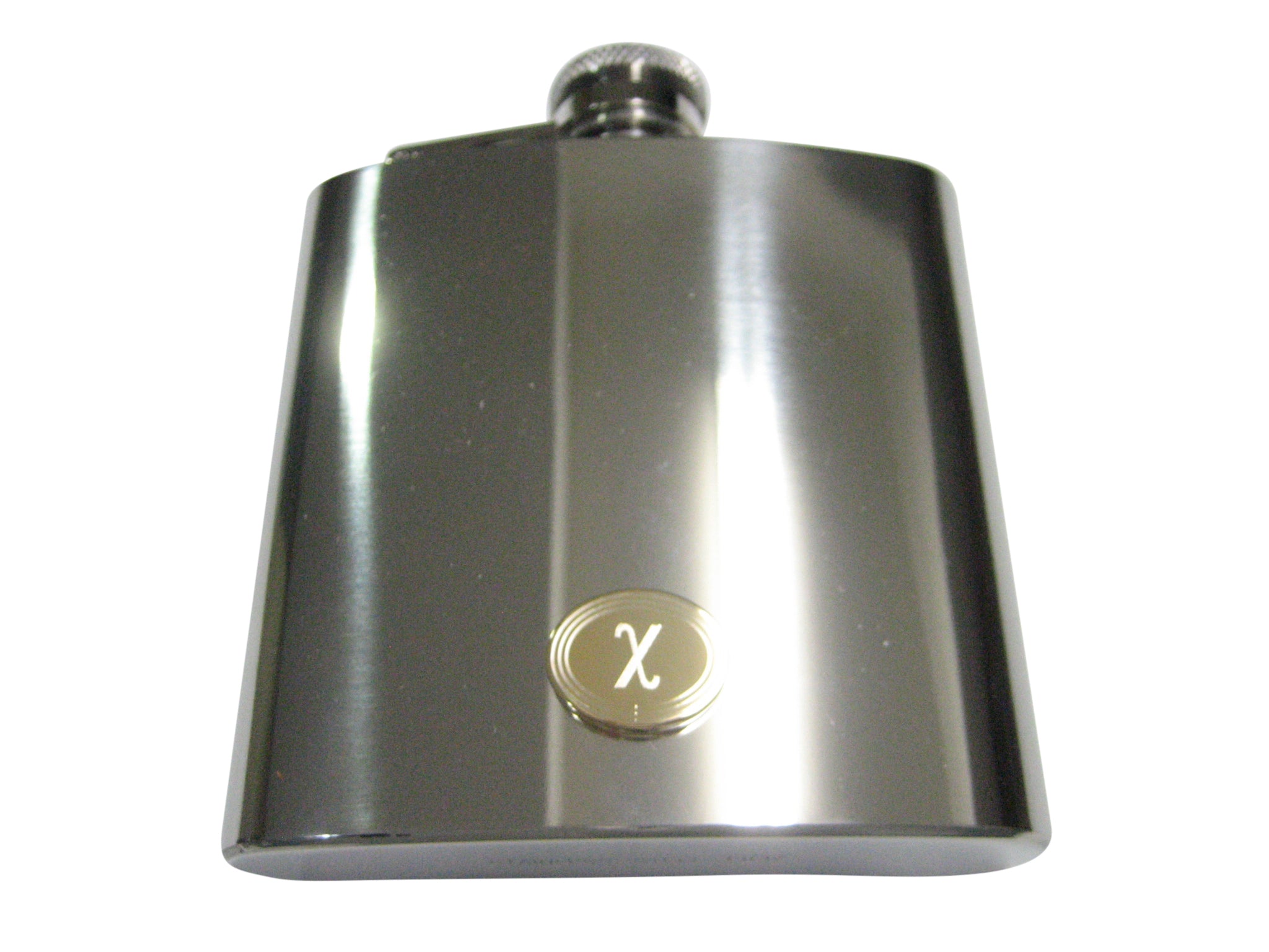 Gold Toned Etched Oval Greek Letter Chi 6oz Flask