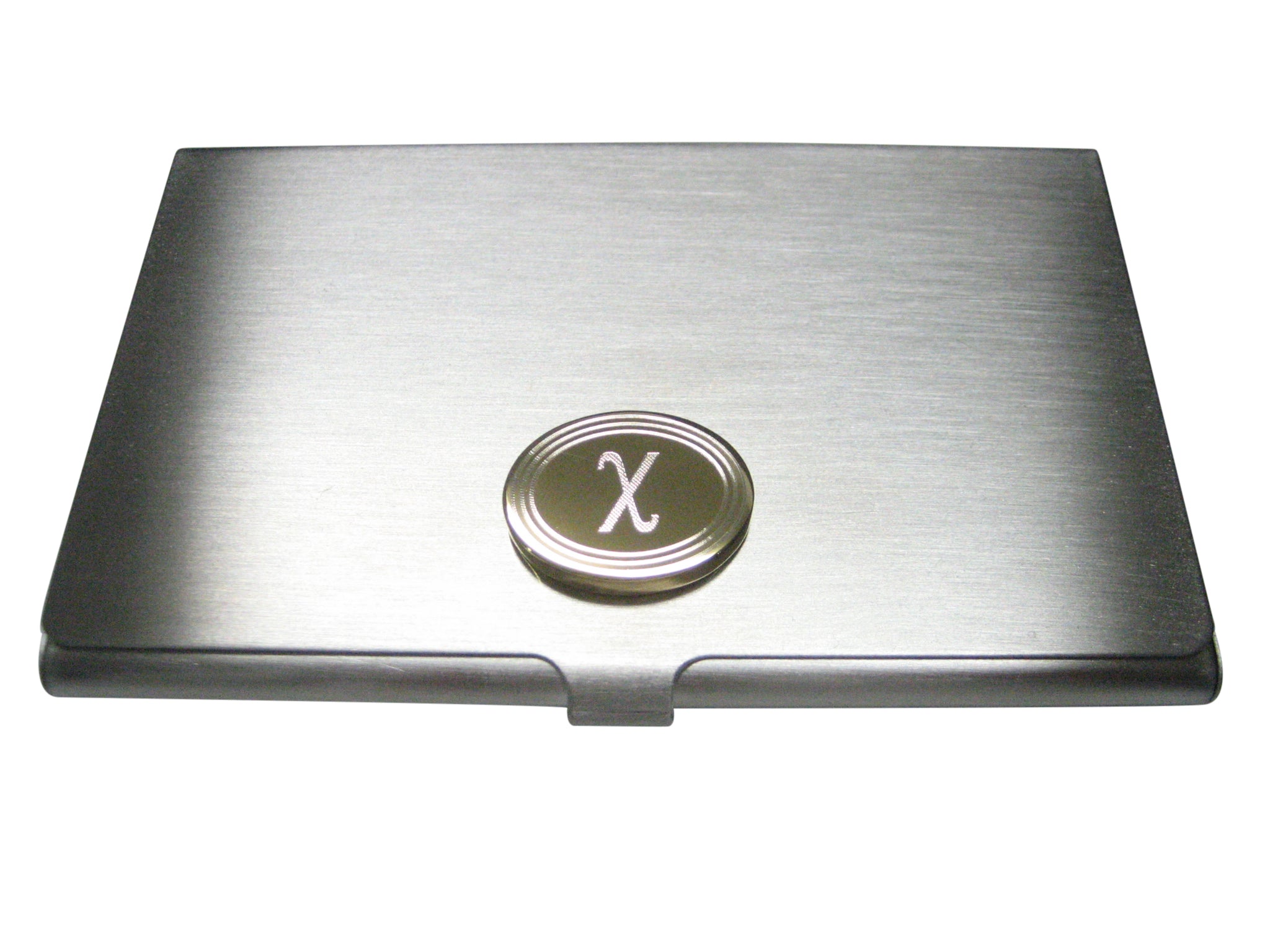 Gold Toned Etched Oval Greek Letter Chi Business Card Holder