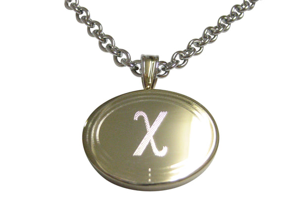 Gold Toned Etched Oval Greek Letter Chi Pendant Necklace