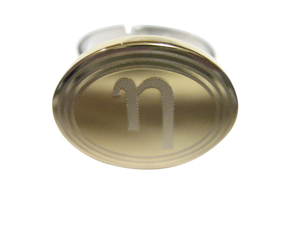 Gold Toned Etched Oval Greek Letter Eta Pendant Adjustable Size Fashion Ring