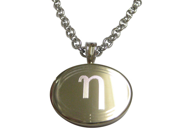 Gold Toned Etched Oval Greek Letter Eta Pendant Necklace