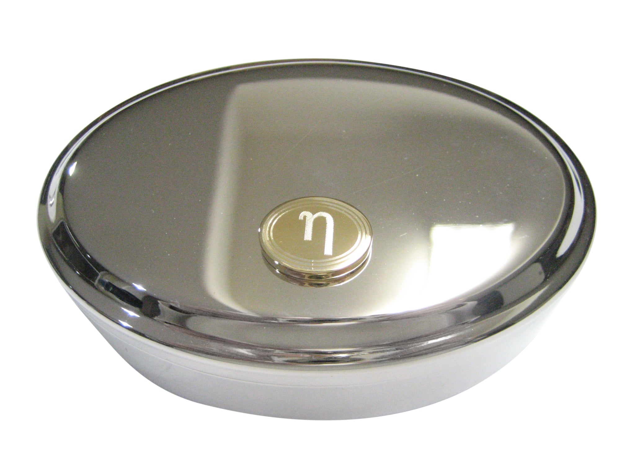 Gold Toned Etched Oval Greek Letter Eta Pendant Oval Trinket Jewelry Box