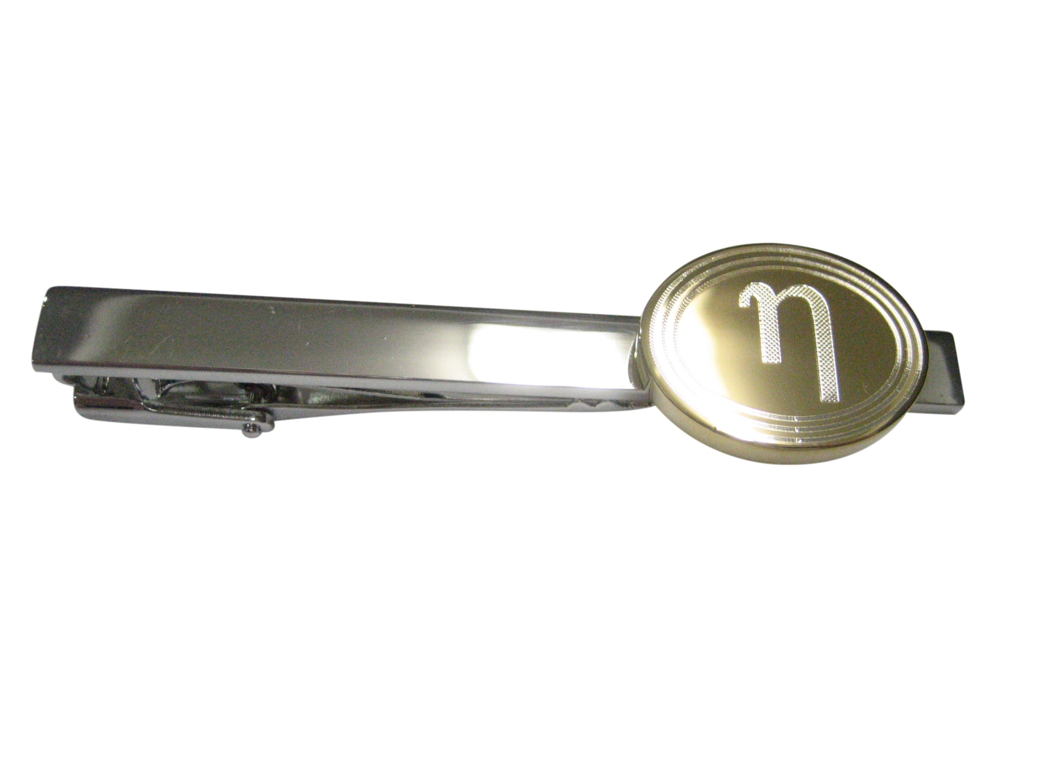 Gold Toned Etched Oval Greek Letter Eta Pendant Tie Clip