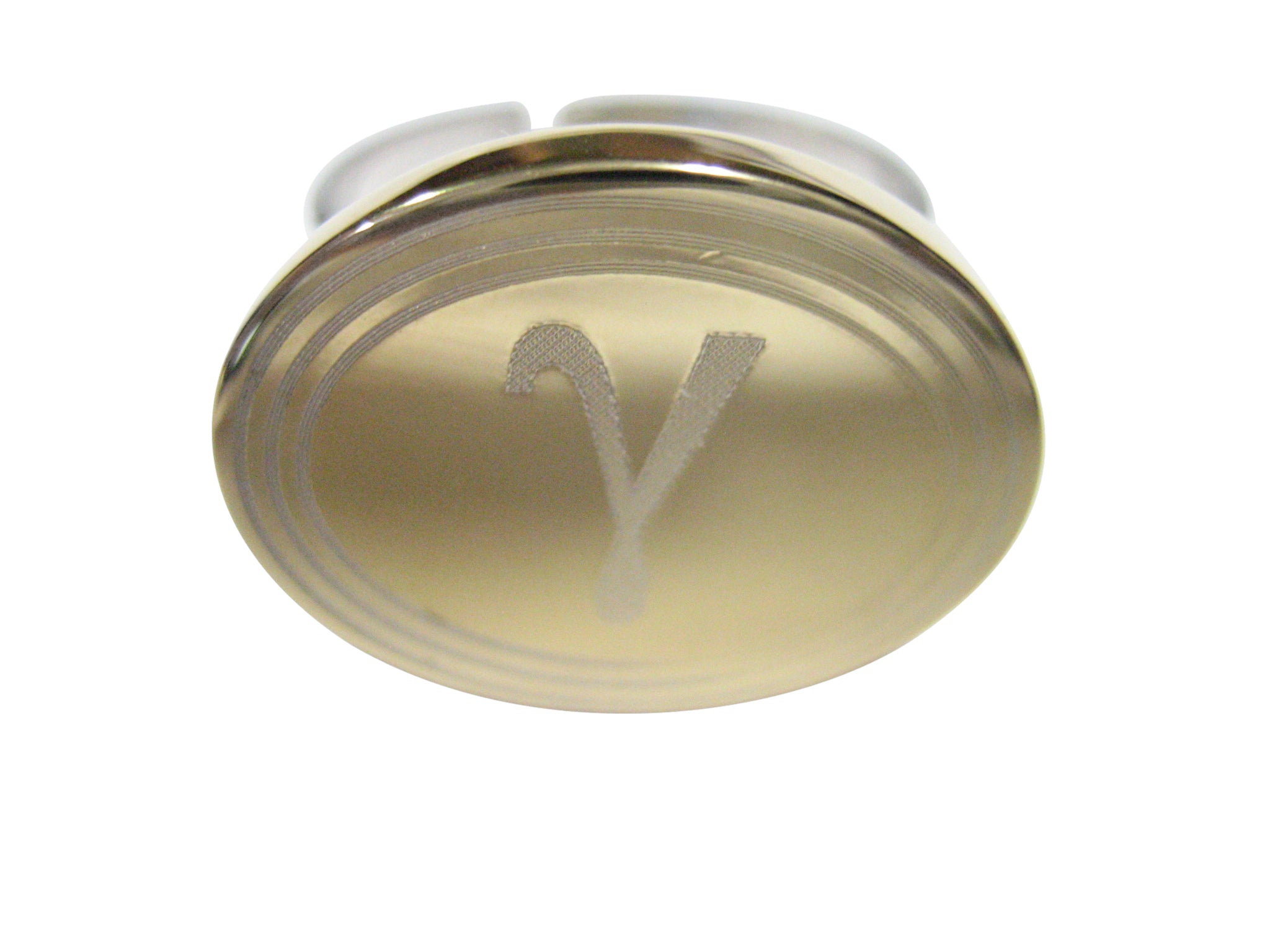 Gold Toned Etched Oval Greek Letter Gamma Pendant Adjustable Size Fashion Ring
