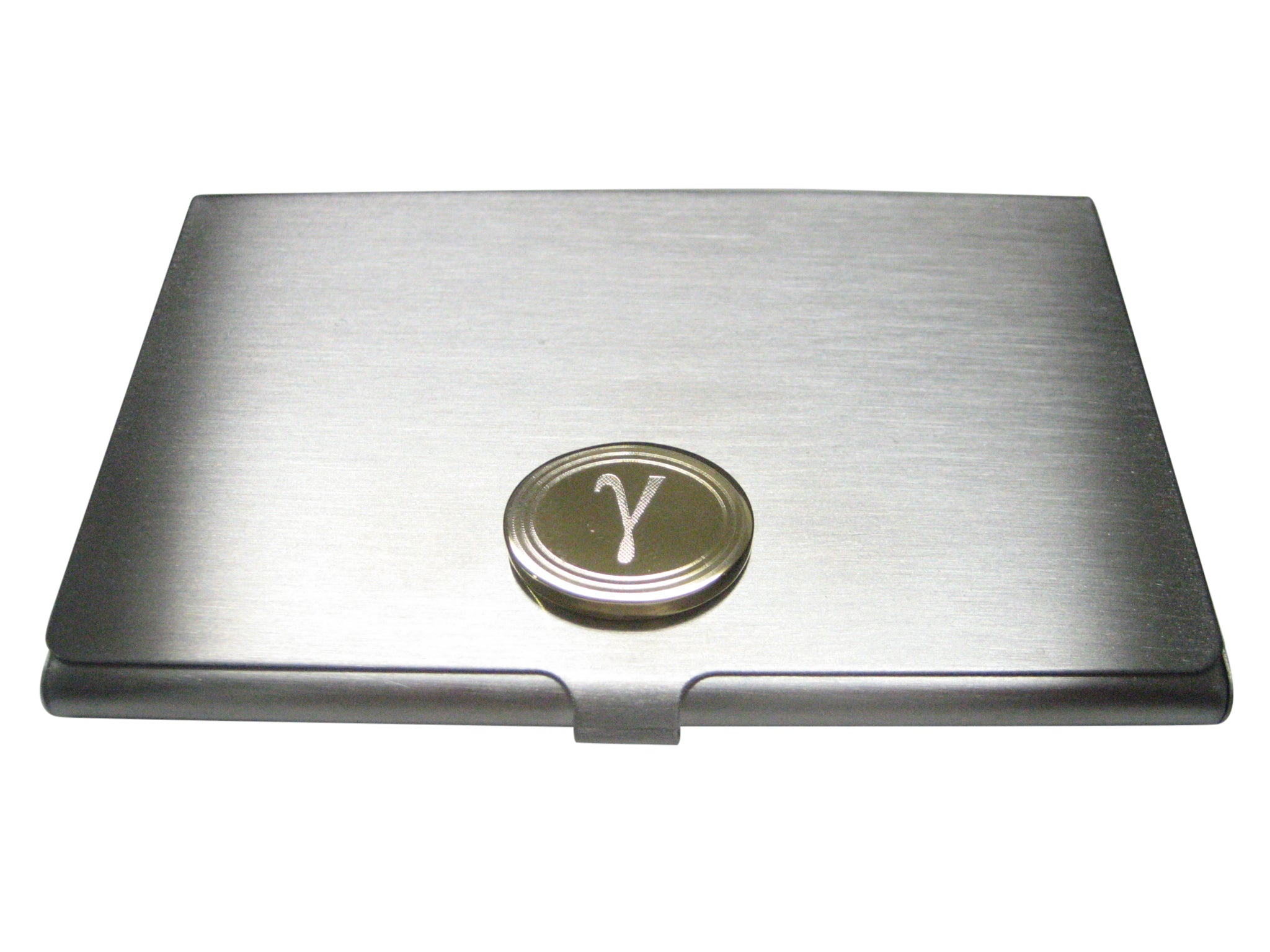 Gold Toned Etched Oval Greek Letter Gamma Pendant Business Card Holder