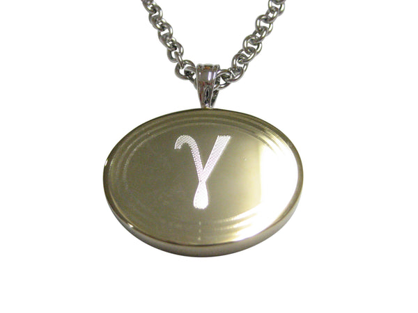 Gold Toned Etched Oval Greek Letter Gamma Pendant Necklace
