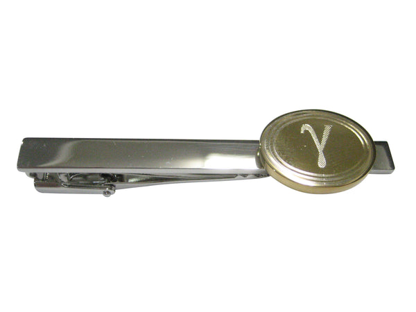 Gold Toned Etched Oval Greek Letter Gamma Pendant Tie Clip