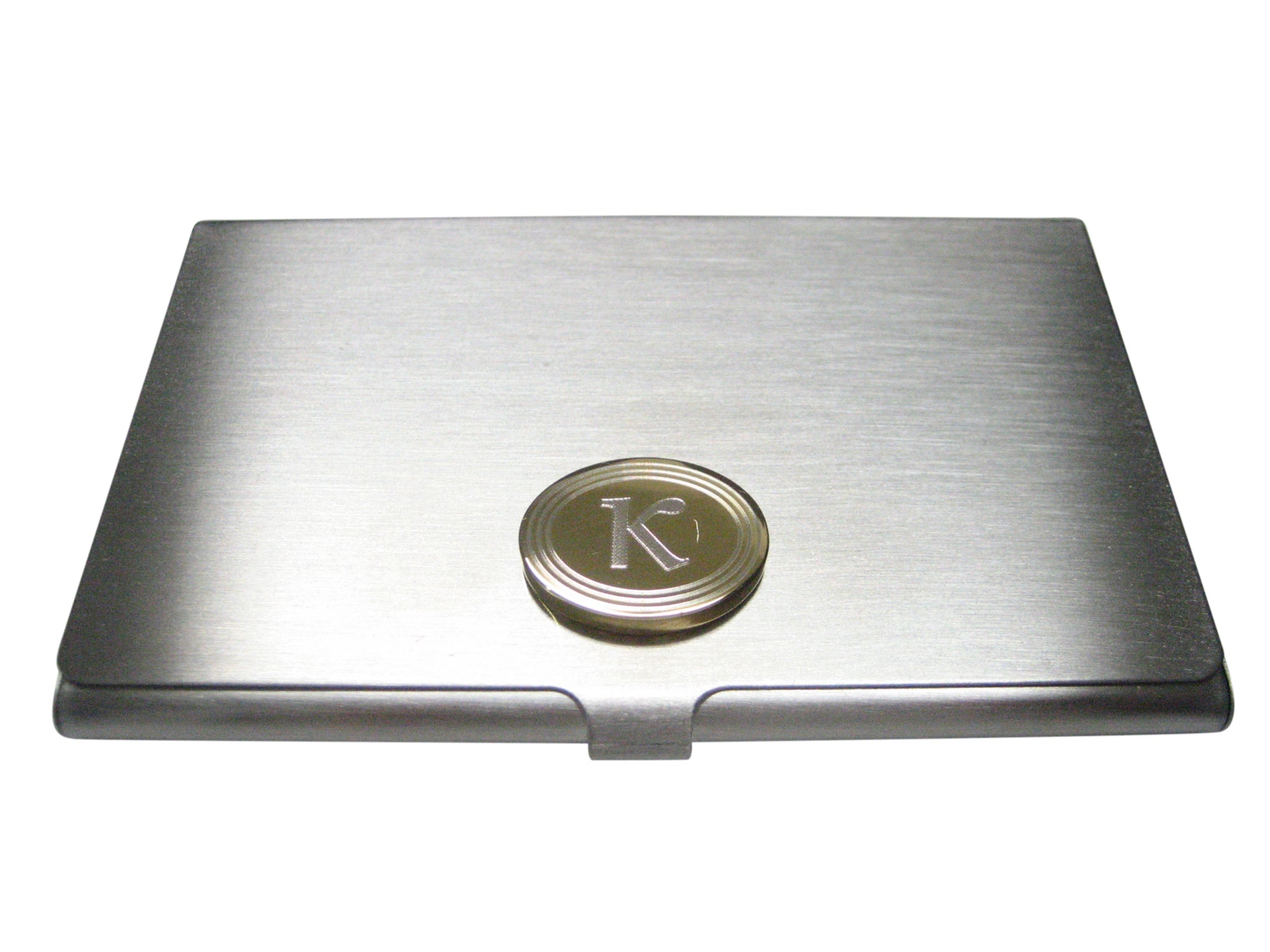 Gold Toned Etched Oval Greek Letter Kappa Pendant Business Card Holder