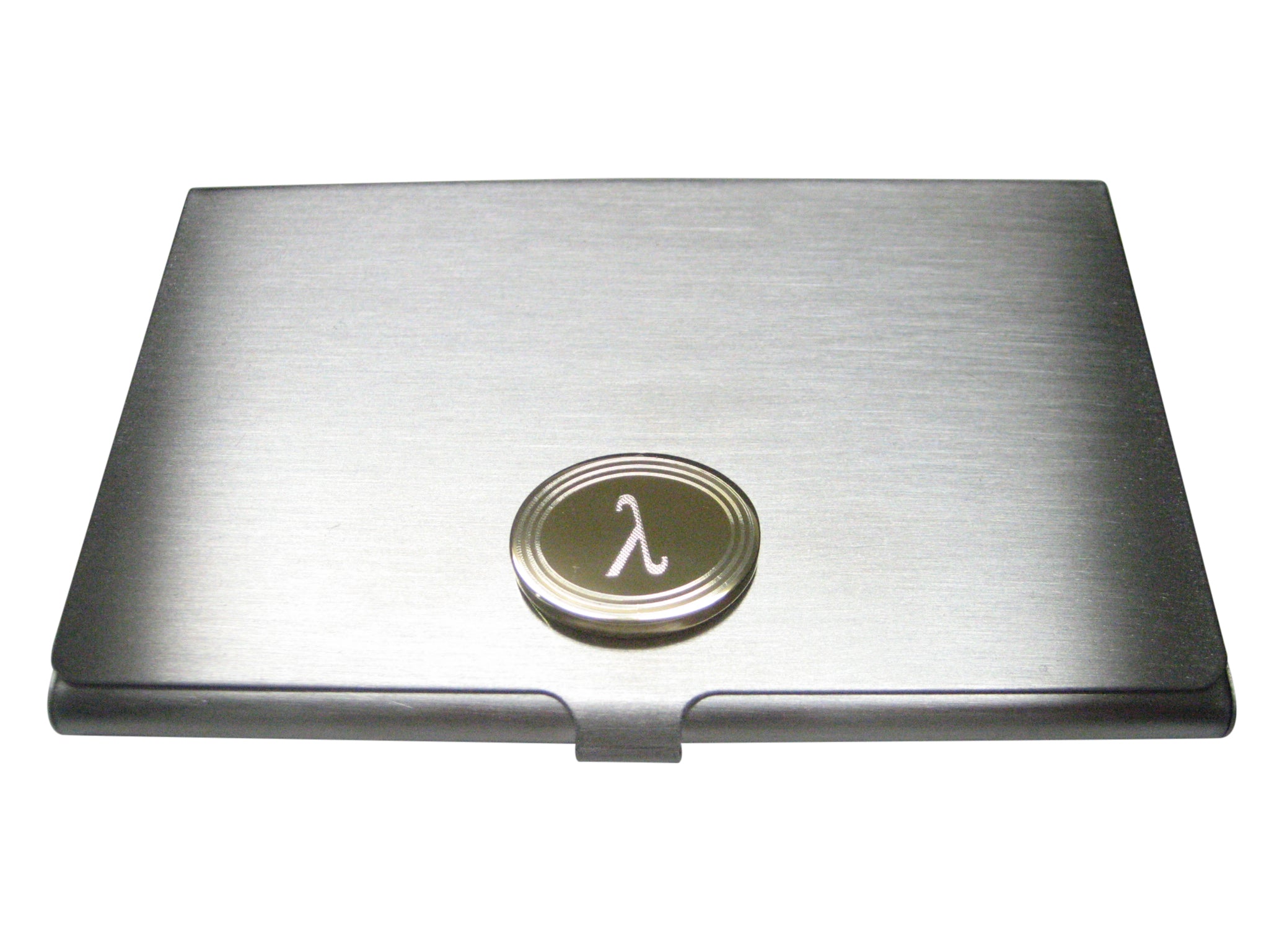 Gold Toned Etched Oval Greek Letter Lambda Business Card Holder