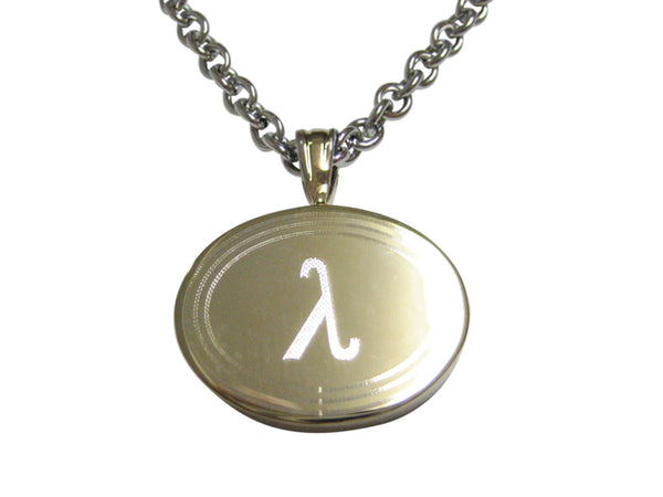 Gold Toned Etched Oval Greek Letter Lambda Pendant Necklace