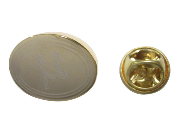 Gold Toned Etched Oval Greek Letter Mu Lapel Pin
