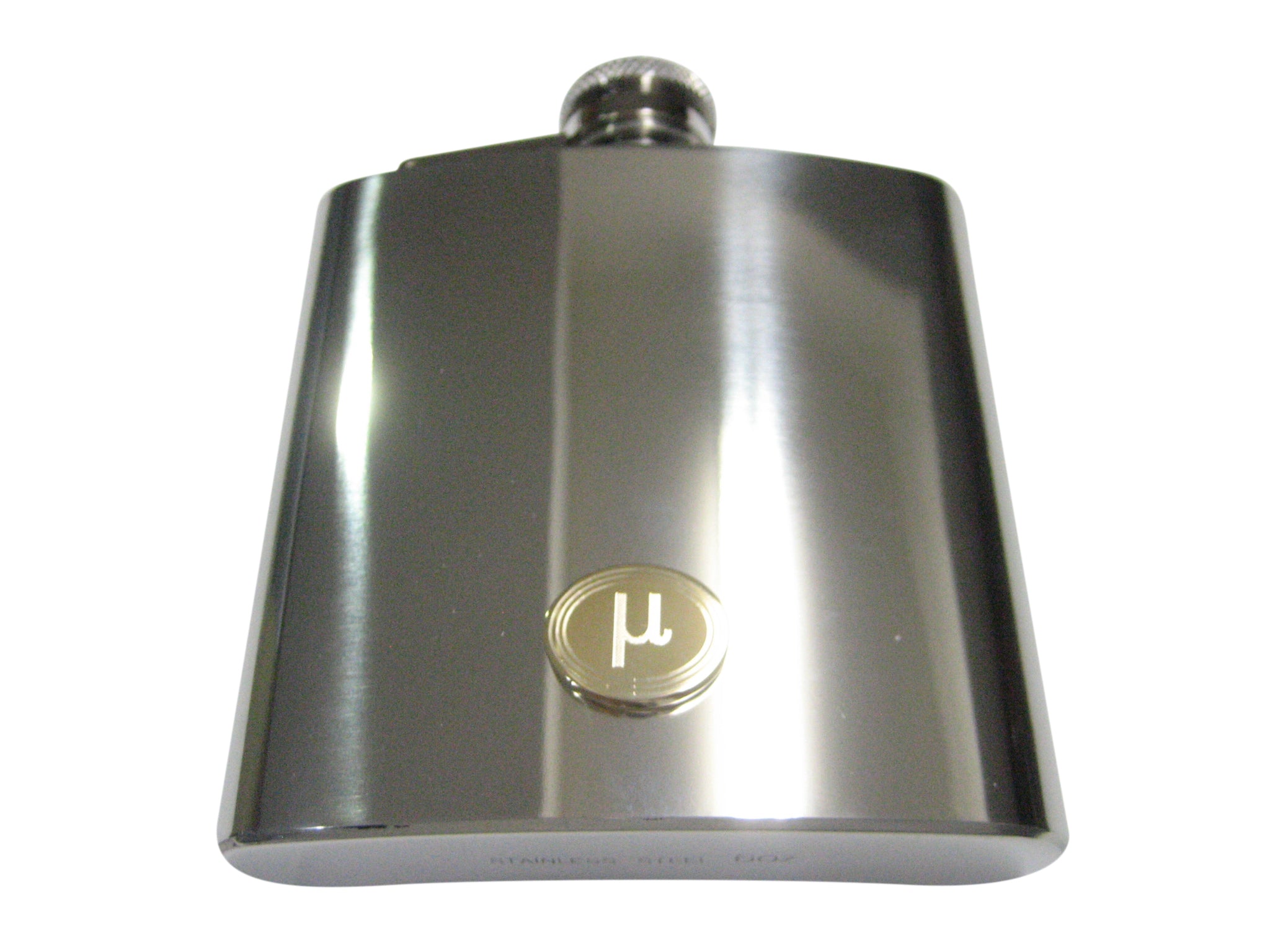 Gold Toned Etched Oval Greek Letter Mu Pendant 6oz Flask