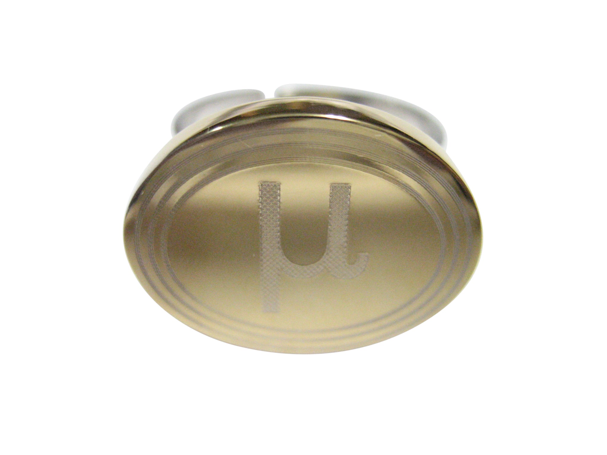 Gold Toned Etched Oval Greek Letter Mu Pendant Adjustable Size Fashion Ring