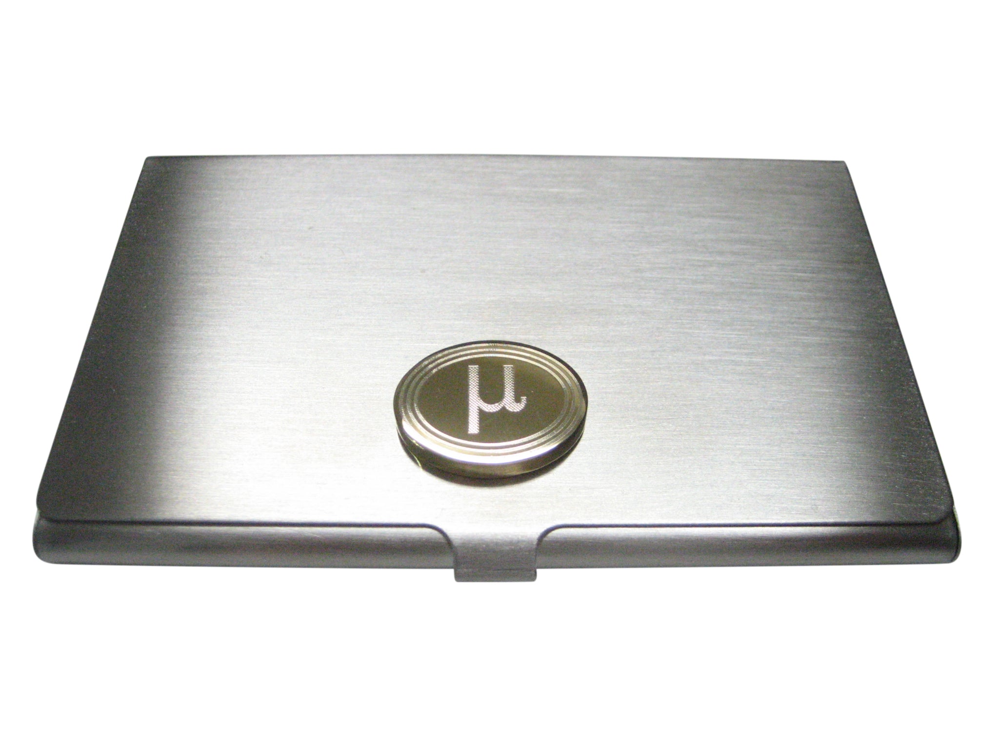 Gold Toned Etched Oval Greek Letter Mu Pendant Business Card Holder