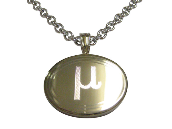 Gold Toned Etched Oval Greek Letter Mu Pendant Necklace