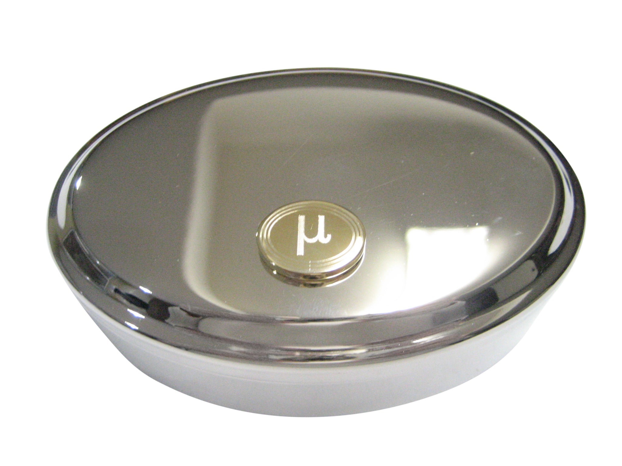 Gold Toned Etched Oval Greek Letter Mu Pendant Oval Trinket Jewelry Box