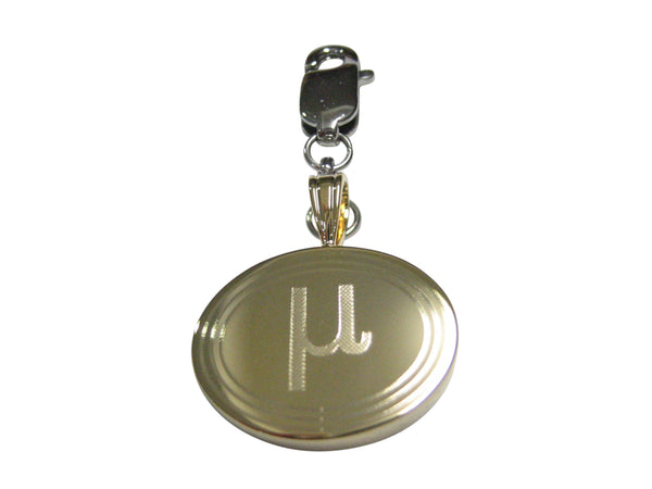 Gold Toned Etched Oval Greek Letter Mu Pendant Zipper Pull Charm