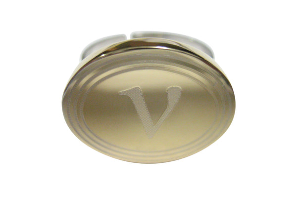 Gold Toned Etched Oval Greek Letter Nu Adjustable Size Fashion Ring