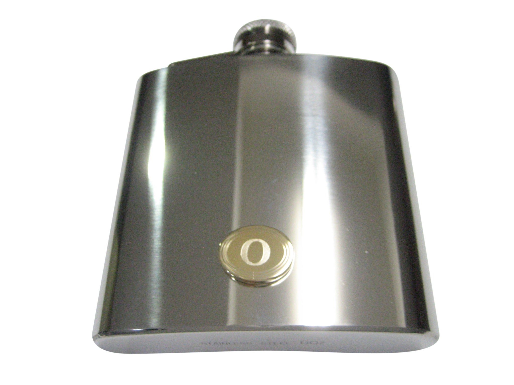 Gold Toned Etched Oval Greek Letter Omicron 6oz Flask