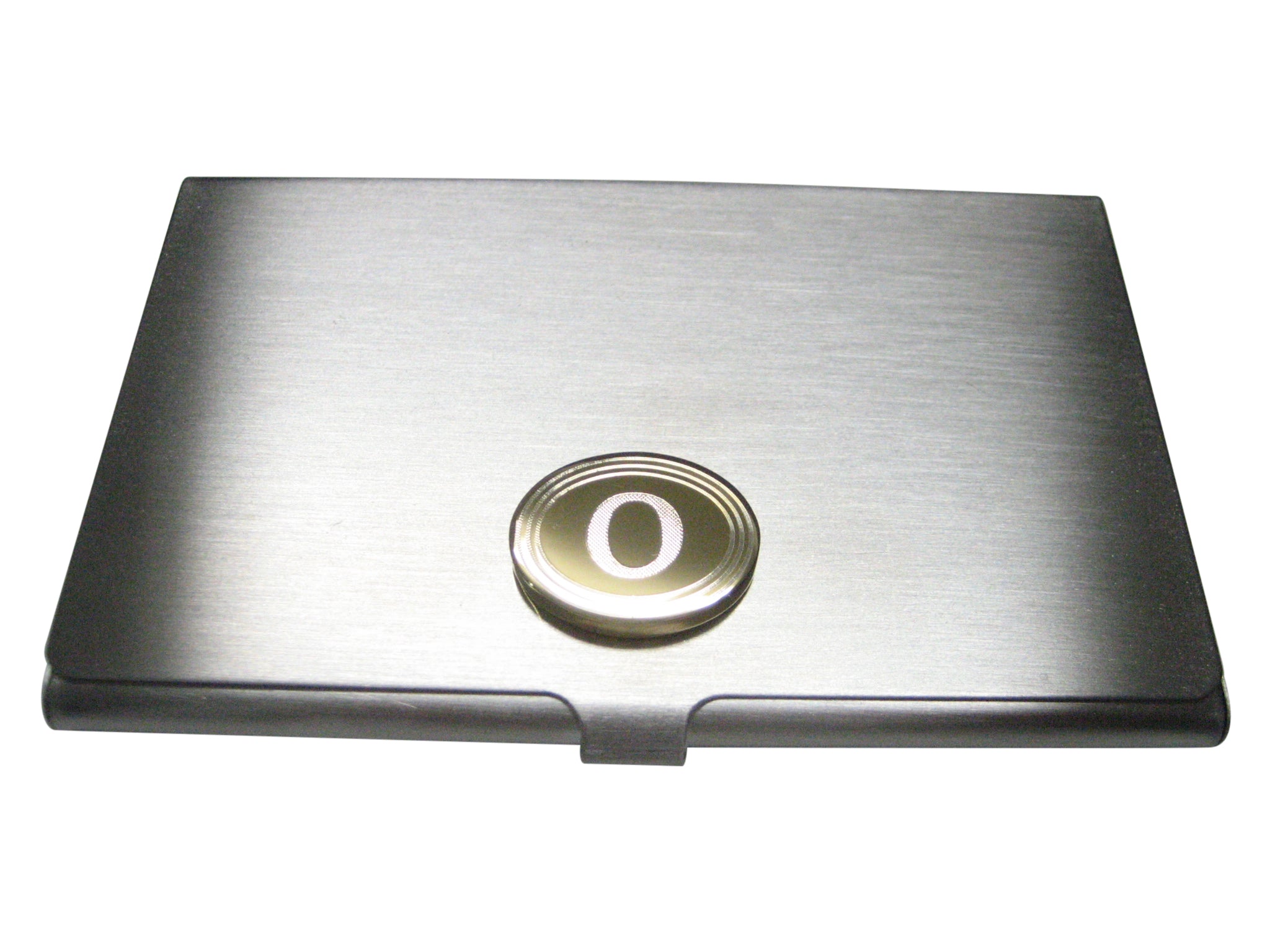 Gold Toned Etched Oval Greek Letter Omicron Business Card Holder
