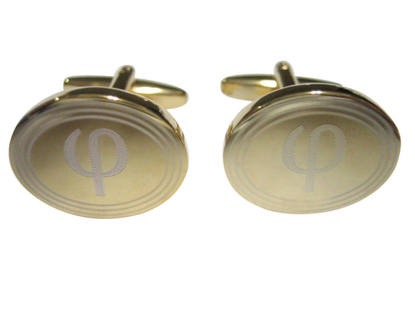 Gold Toned Etched Oval Greek Letter Phi Cufflinks