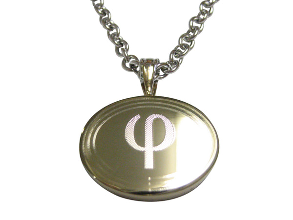 Gold Toned Etched Oval Greek Letter Phi Pendant Necklace