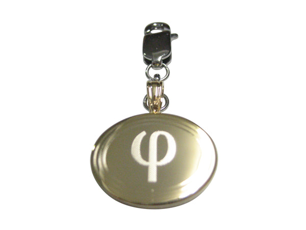 Gold Toned Etched Oval Greek Letter Phi Pendant Zipper Pull Charm
