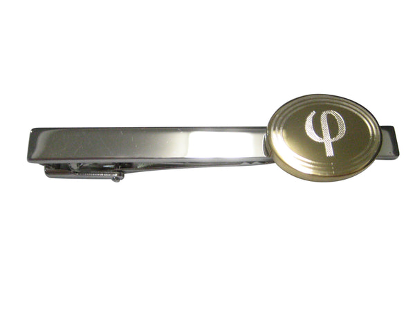 Gold Toned Etched Oval Greek Letter Phi Tie Clip