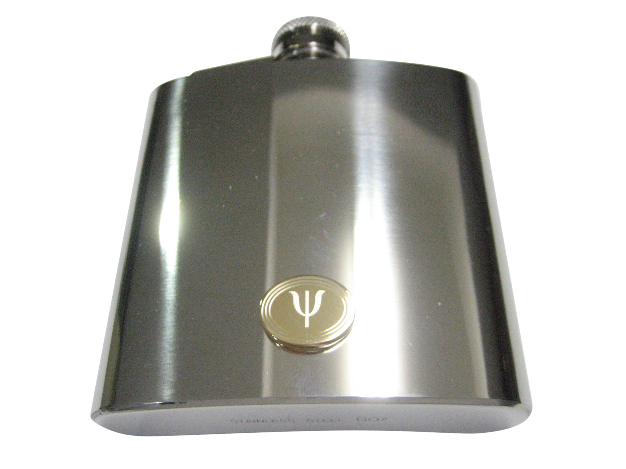 Gold Toned Etched Oval Greek Letter Psi 6oz Flask