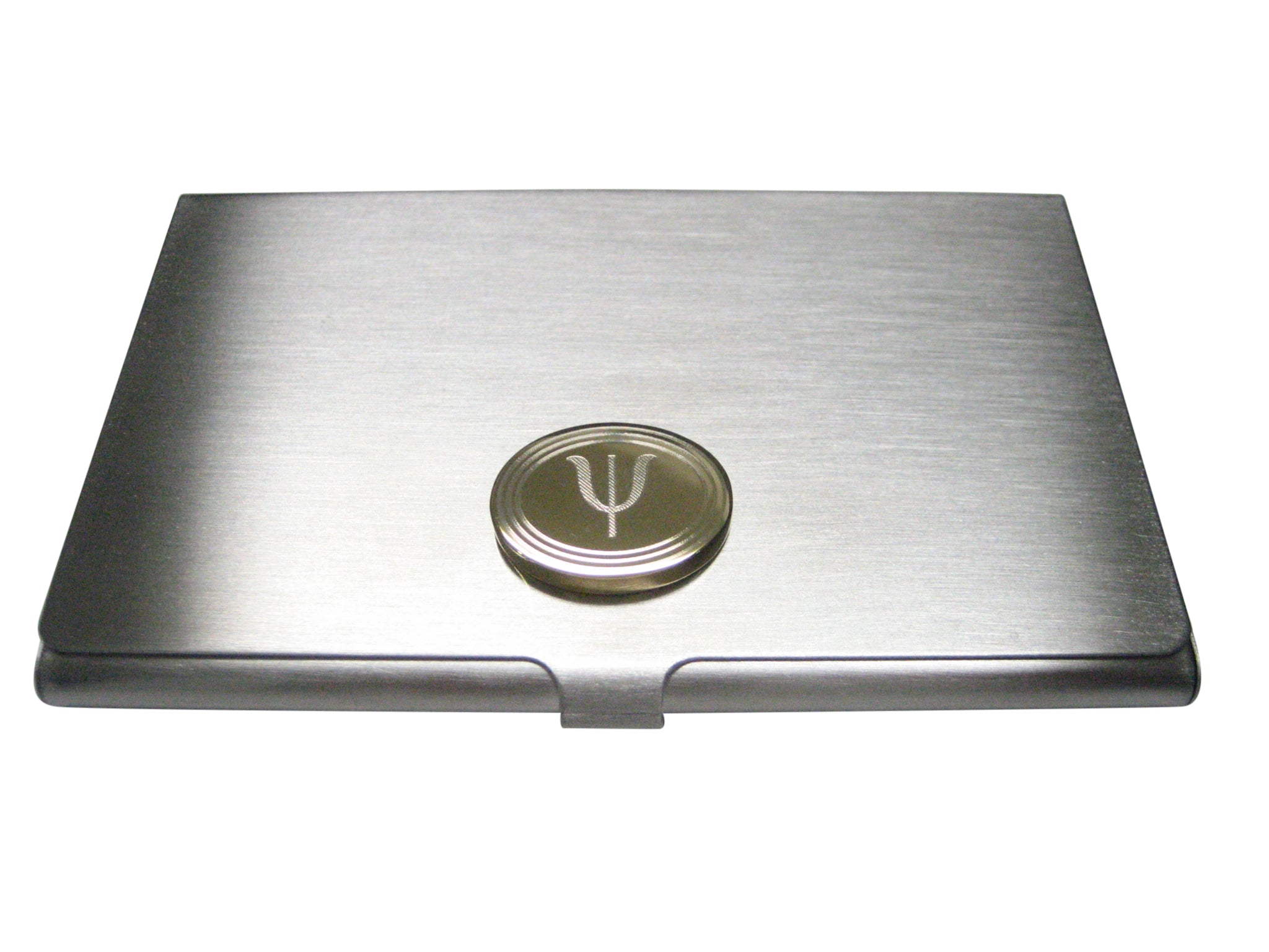 Gold Toned Etched Oval Greek Letter Psi Business Card Holder