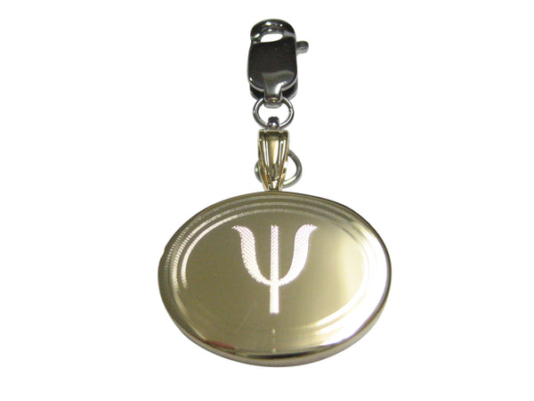 Gold Toned Etched Oval Greek Letter Psi Pendant Zipper Pull Charm