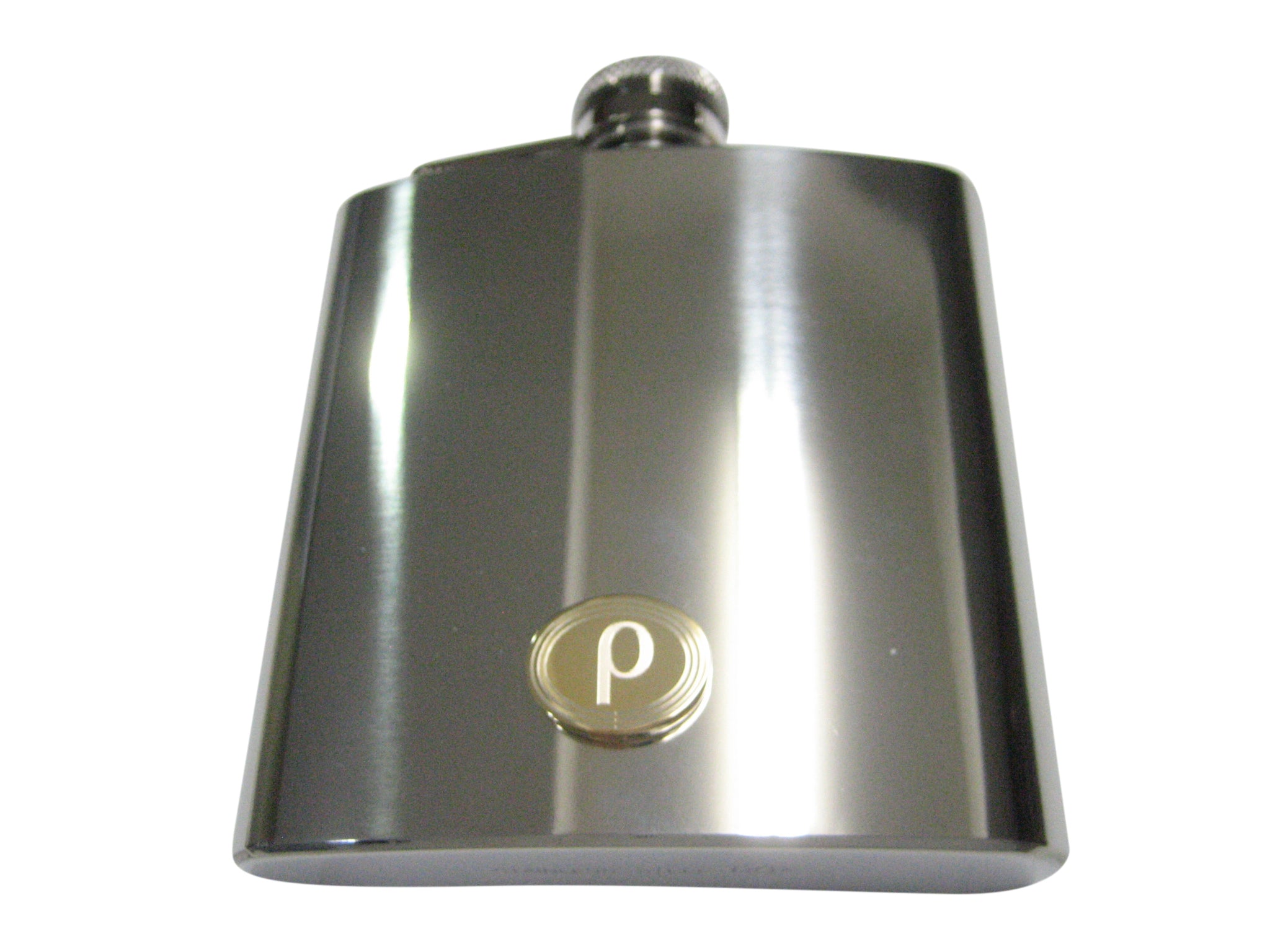 Gold Toned Etched Oval Greek Letter Rho Pendant 6oz Flask
