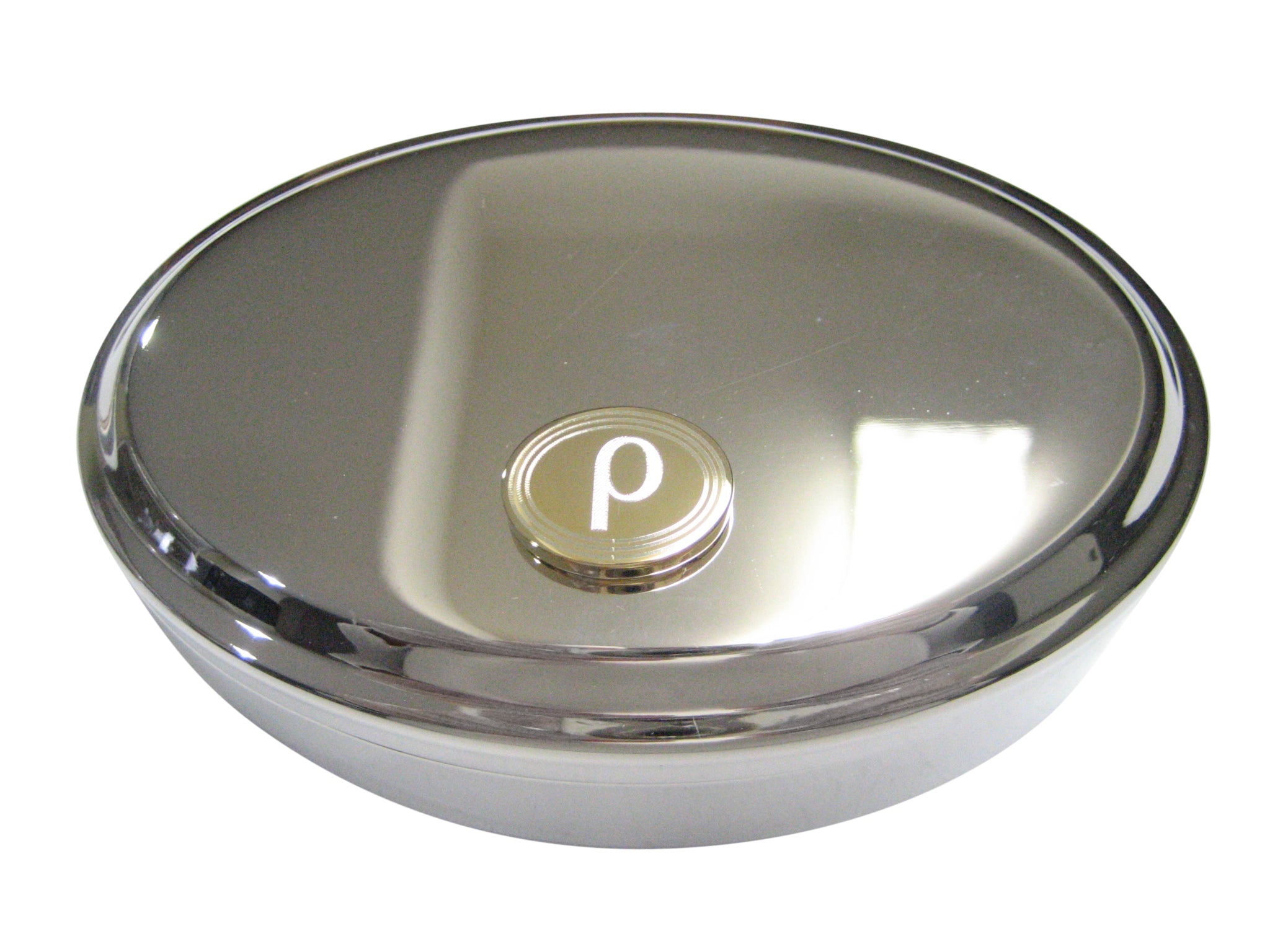 Gold Toned Etched Oval Greek Letter Rho Pendant Oval Trinket Jewelry Box