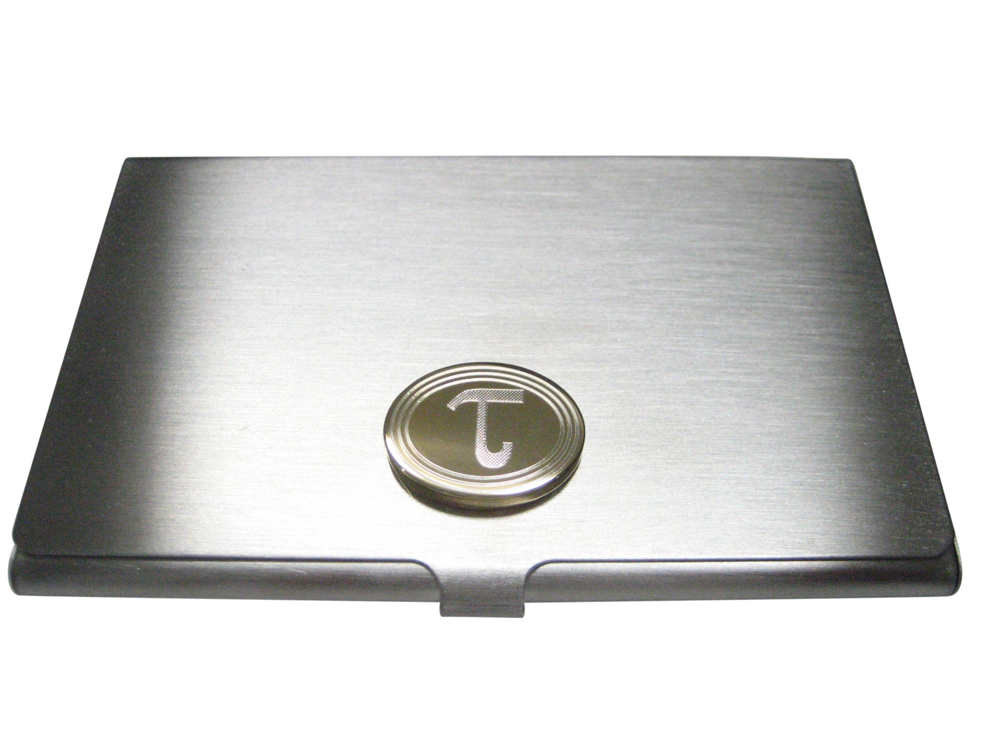 Gold Toned Etched Oval Greek Letter Tau Business Card Holder
