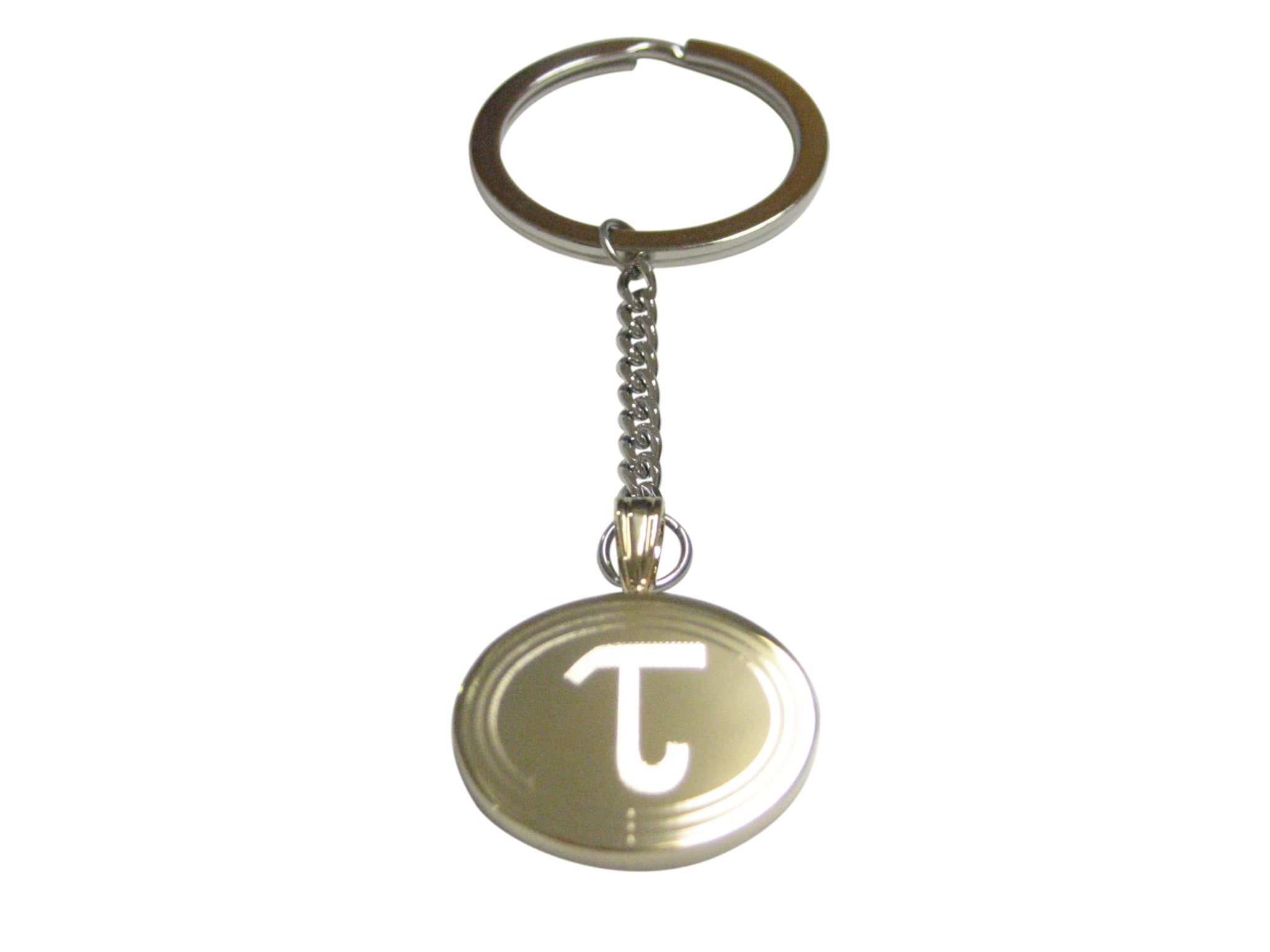Gold Toned Etched Oval Greek Letter Tau Pendant Keychain
