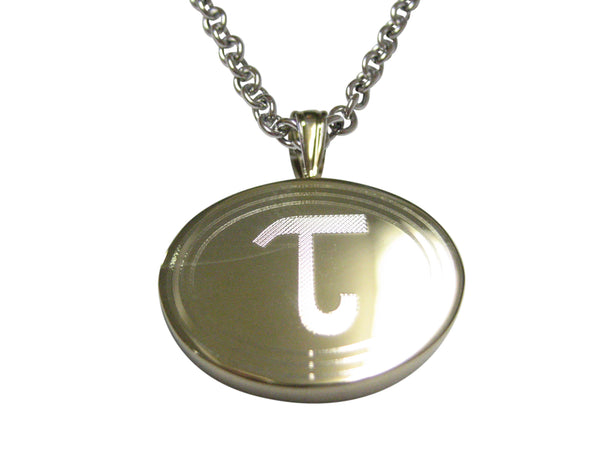 Gold Toned Etched Oval Greek Letter Tau Pendant Necklace