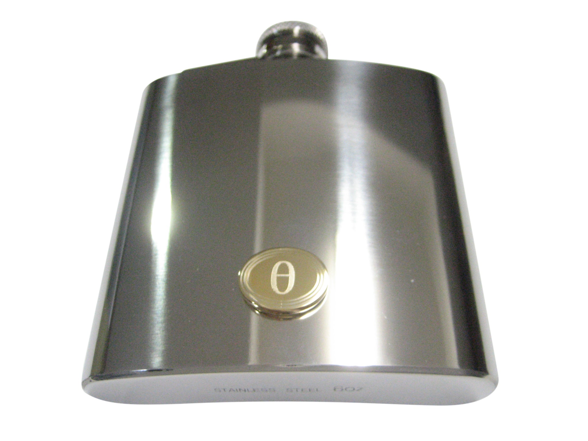 Gold Toned Etched Oval Greek Letter Theta Pendant 6oz Flask