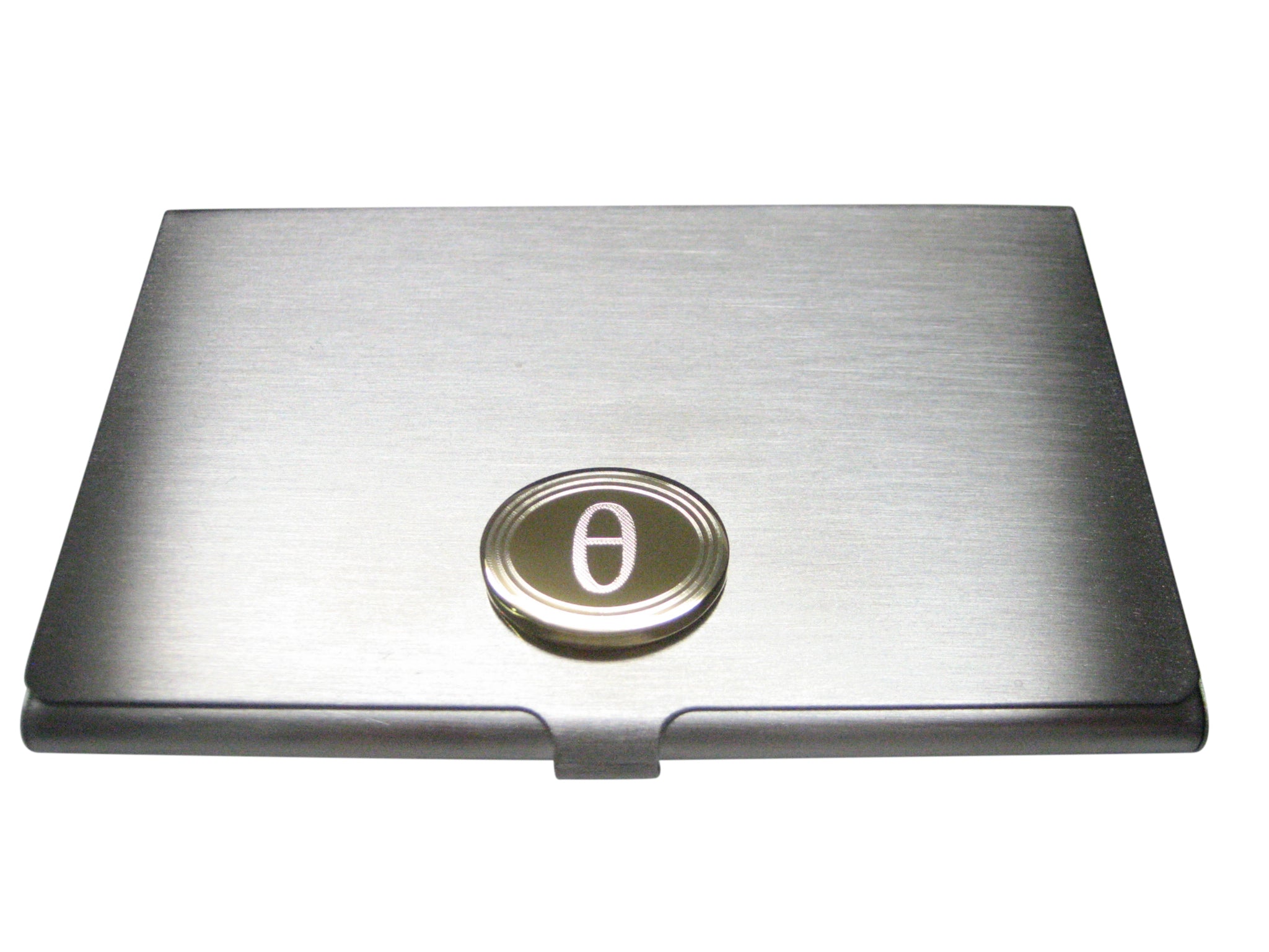 Gold Toned Etched Oval Greek Letter Theta Pendant Business Card Holder