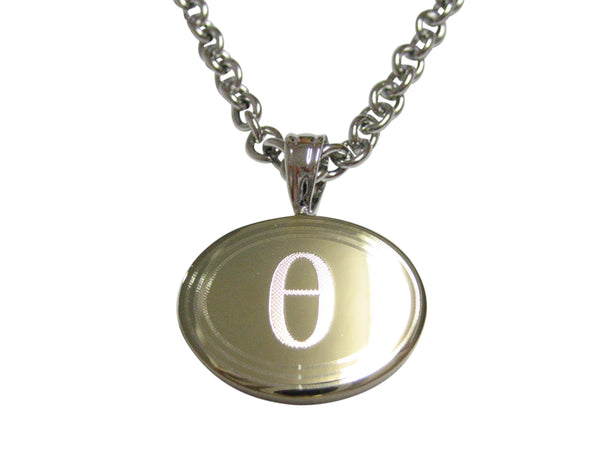 Gold Toned Etched Oval Greek Letter Theta Pendant Necklace