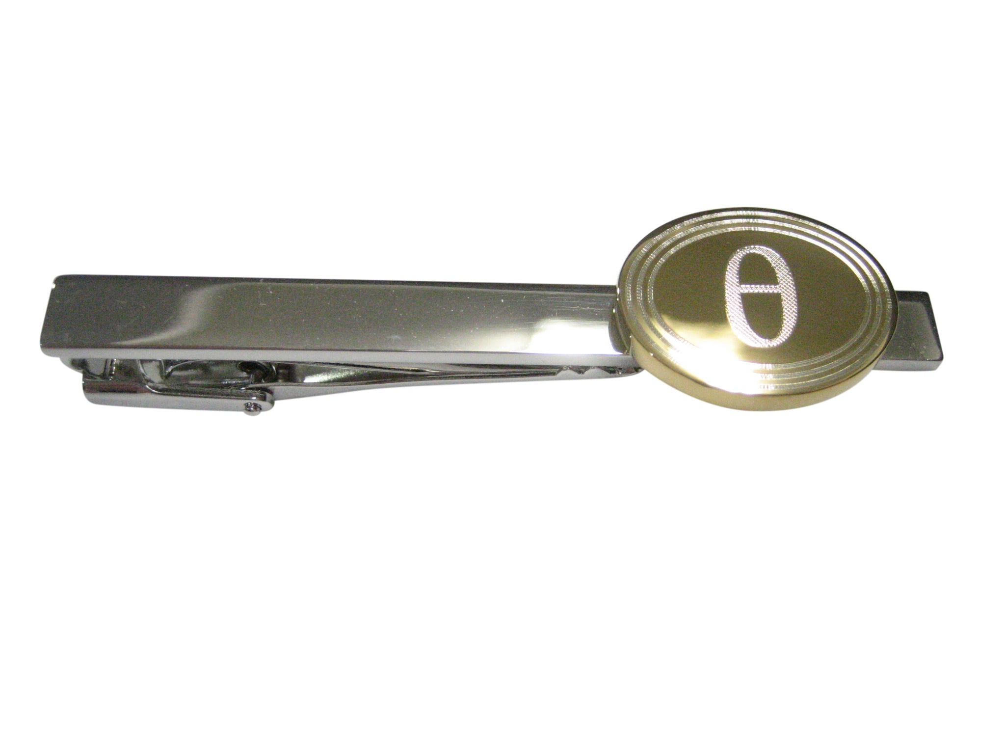 Gold Toned Etched Oval Greek Letter Theta Pendant Tie Clip