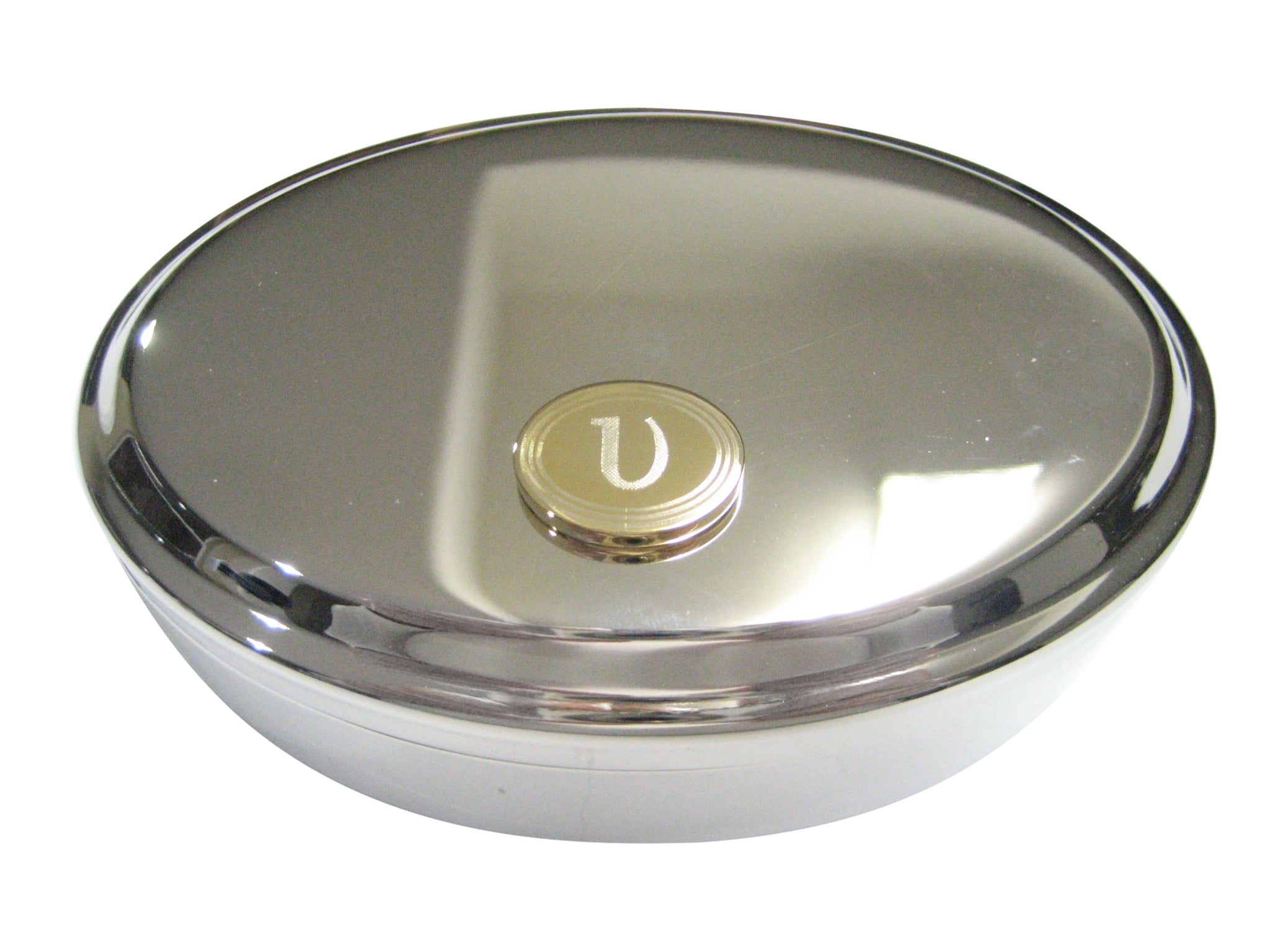 Gold Toned Etched Oval Greek Letter Upsilon Pendant Oval Trinket Jewelry Box