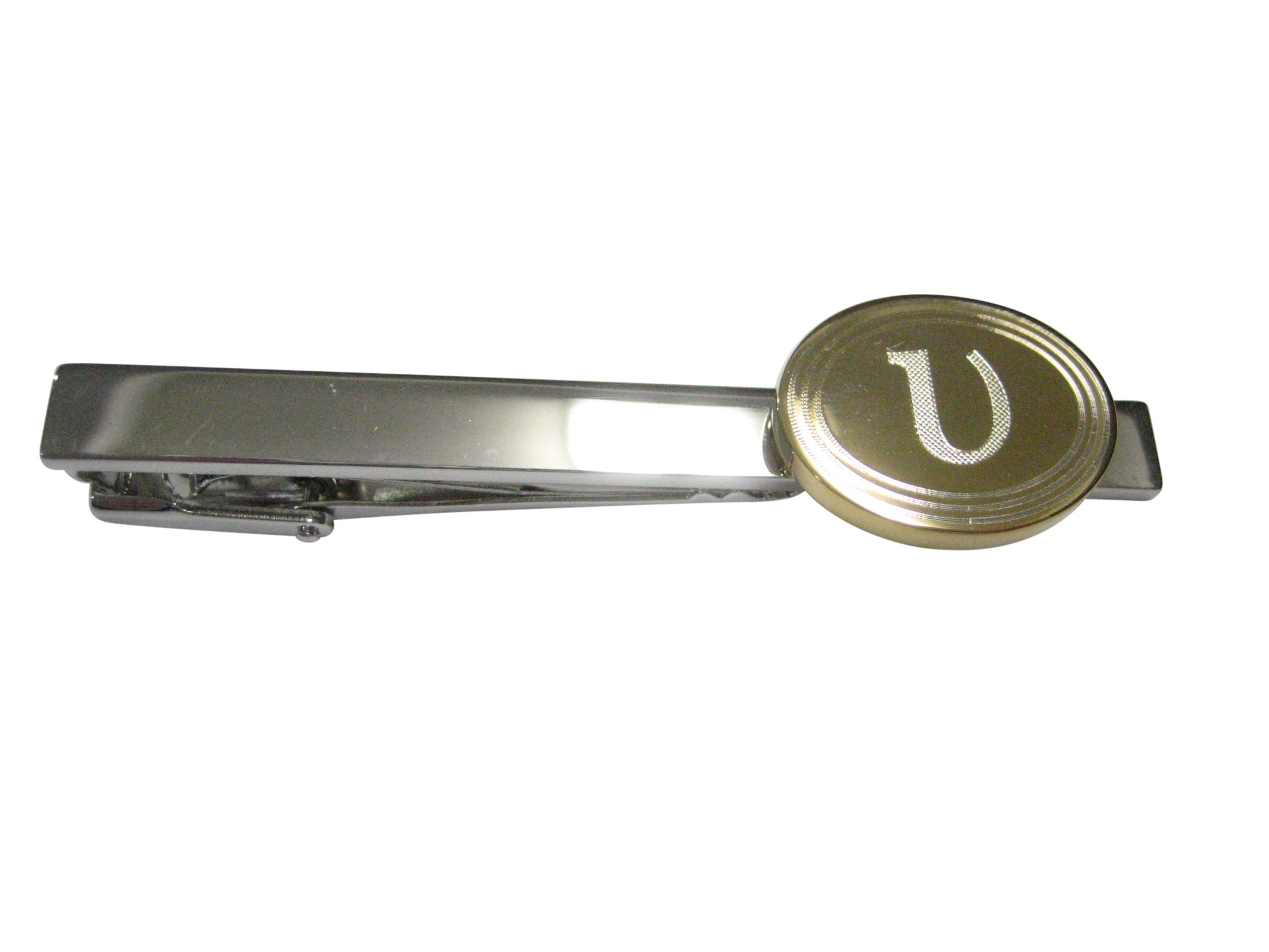 Gold Toned Etched Oval Greek Letter Upsilon Pendant Tie Clip