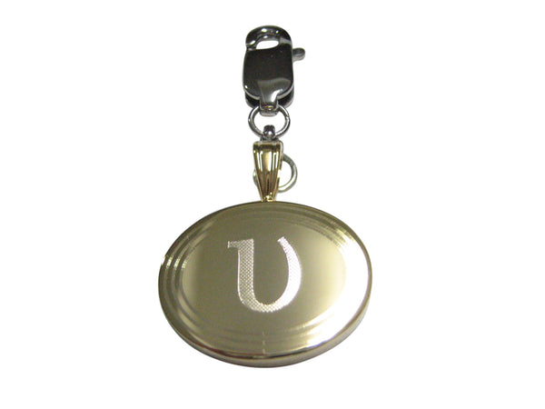 Gold Toned Etched Oval Greek Letter Upsilon Pendant Zipper Pull Charm