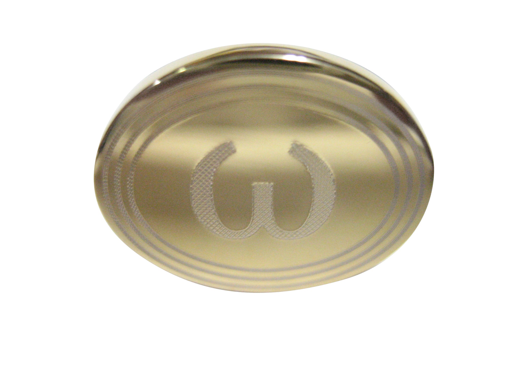 Gold Toned Etched Oval Greek Lowercase Letter Omega Pendant Adjustable Size Fashion Ring